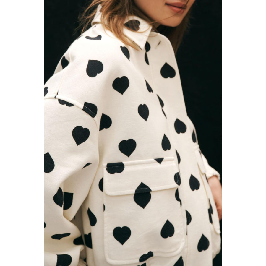 Heart Print Collared Neck Zip Up Jacket White / S Apparel and Accessories