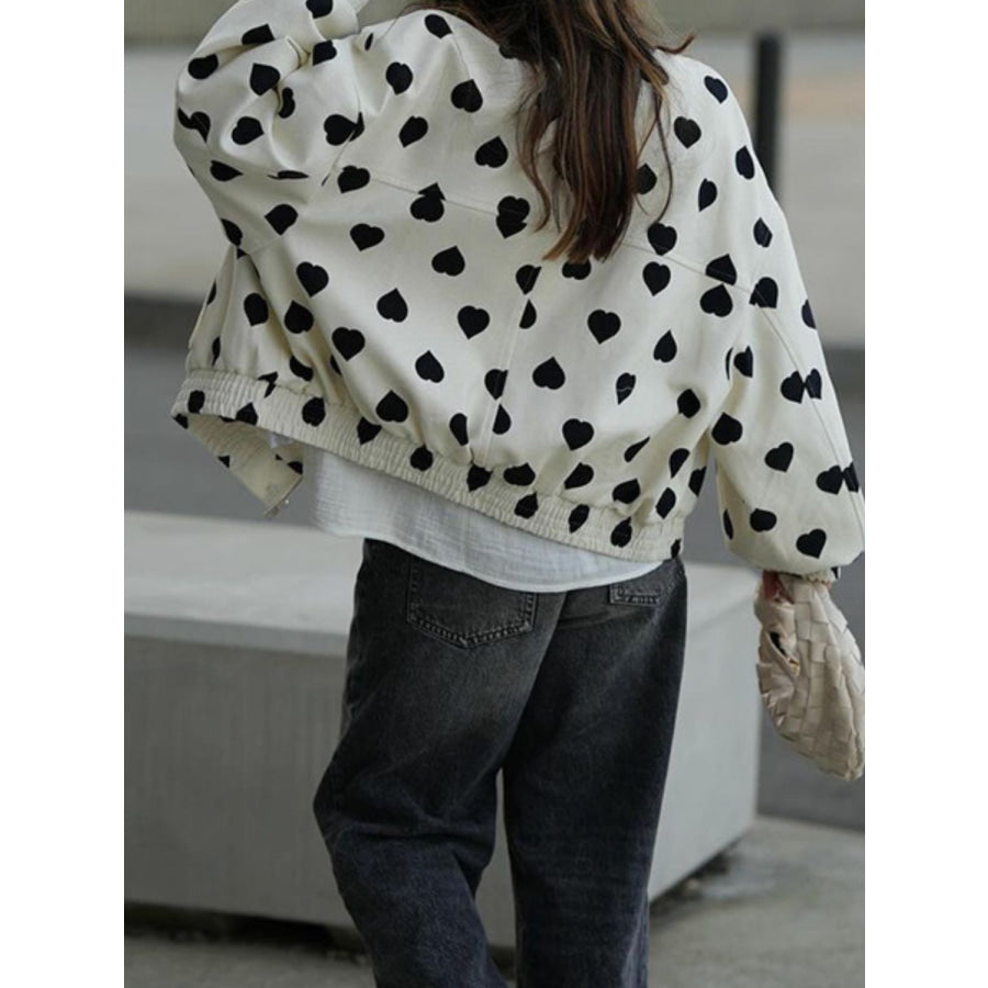 Heart Print Collared Neck Zip Up Jacket Apparel and Accessories