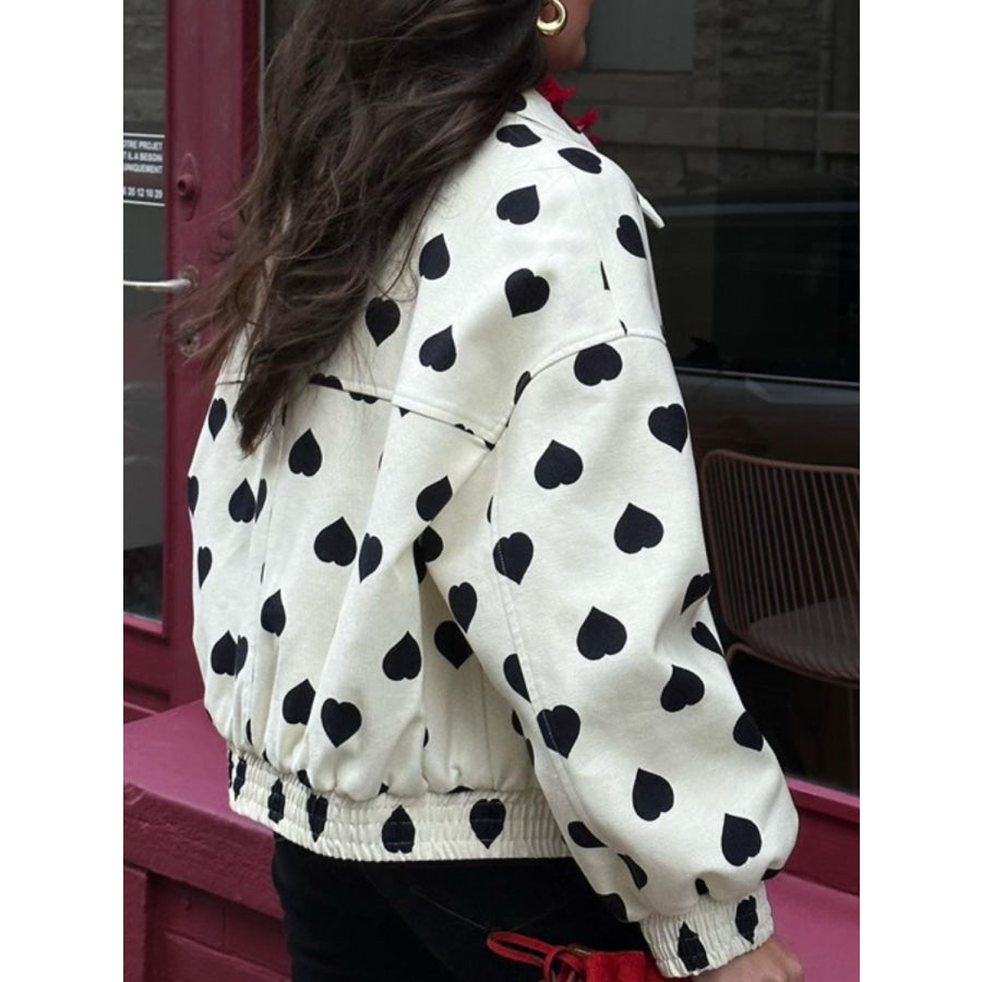 Heart Print Collared Neck Zip Up Jacket Apparel and Accessories