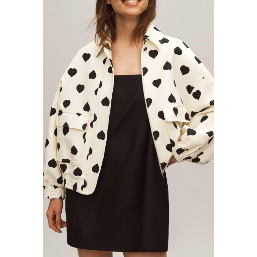 Heart Print Collared Neck Zip Up Jacket White / S Apparel and Accessories