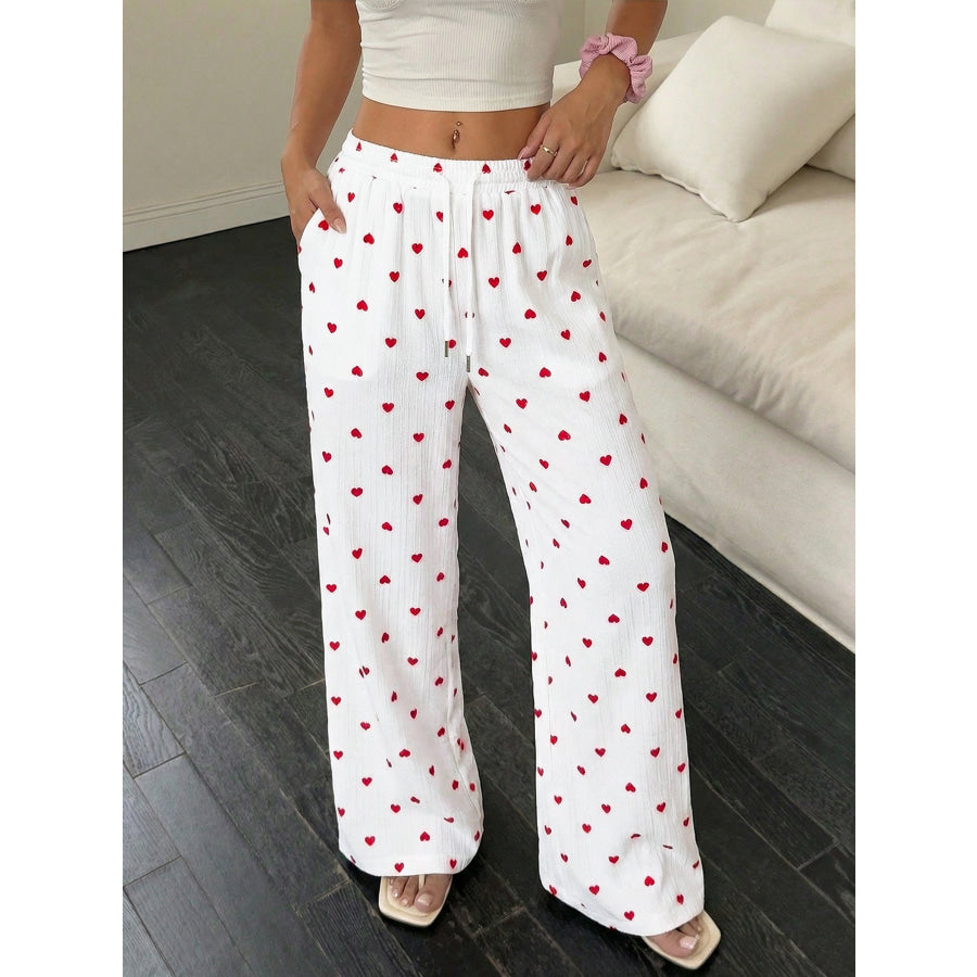 Heart Print Drawstring Waist Wide Leg Pants Apparel and Accessories