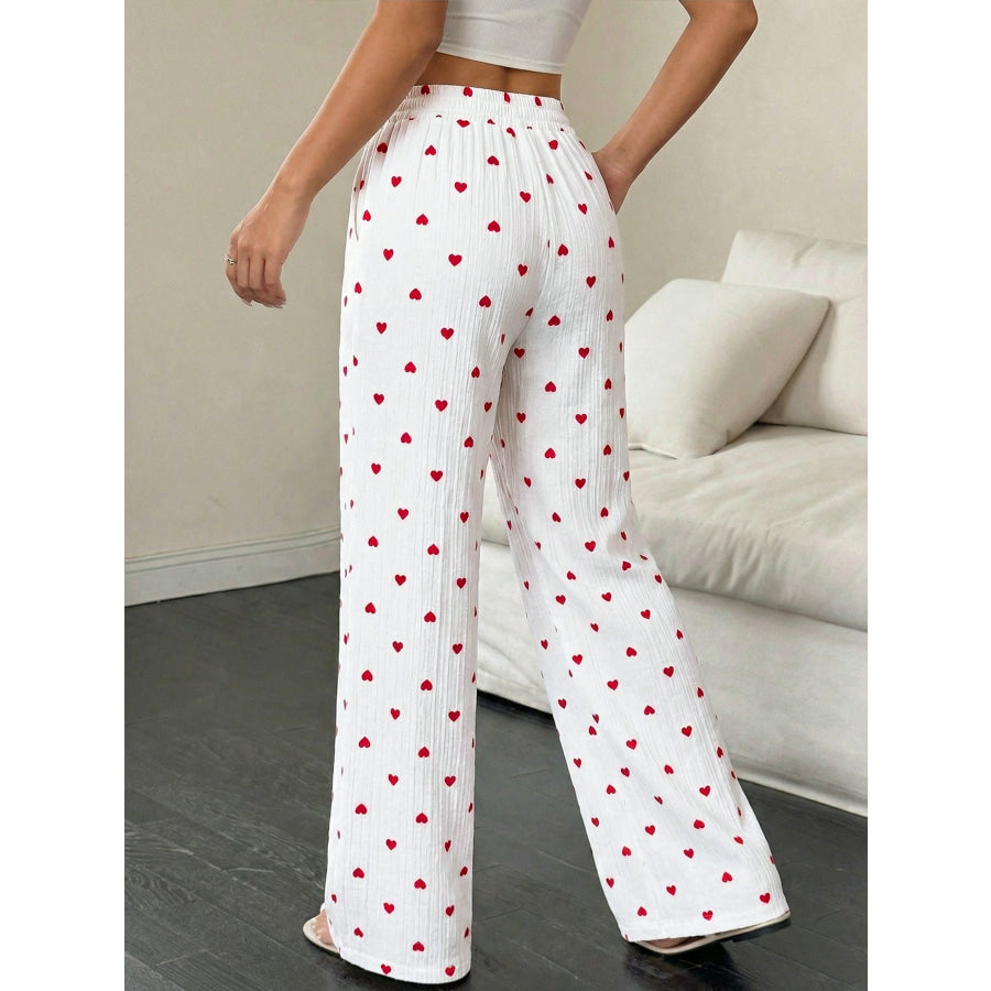 Heart Print Drawstring Waist Wide Leg Pants Apparel and Accessories