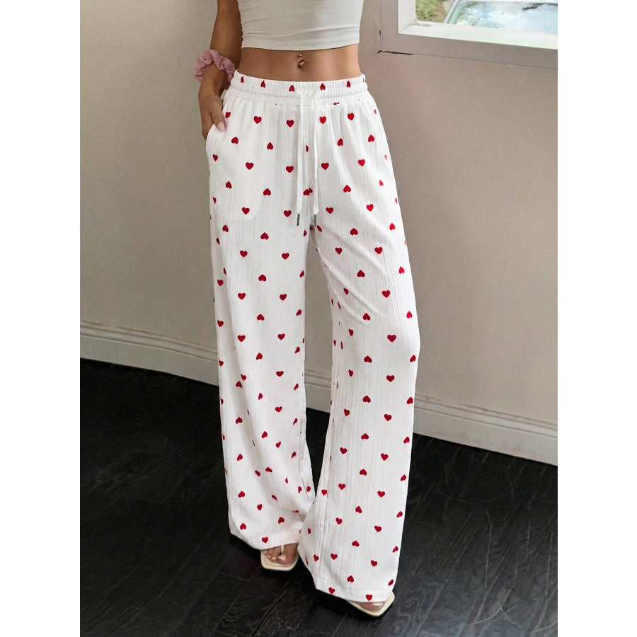 Heart Print Drawstring Waist Wide Leg Pants Apparel and Accessories