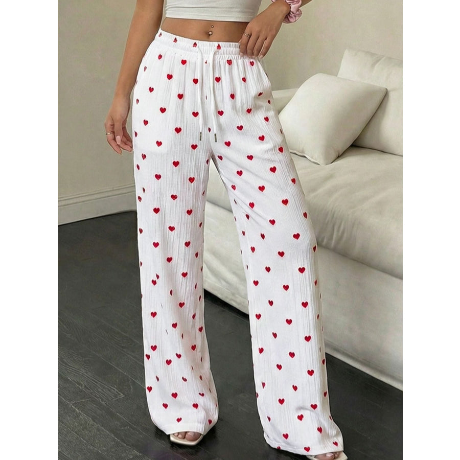 Heart Print Drawstring Waist Wide Leg Pants Apparel and Accessories