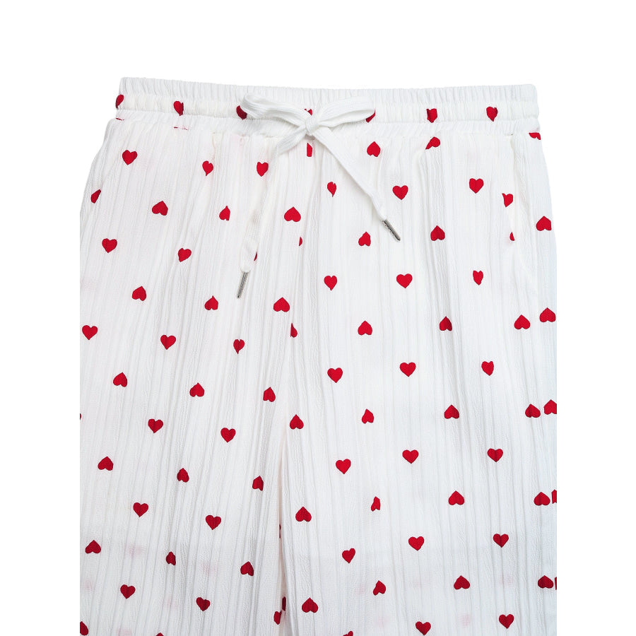 Heart Print Drawstring Waist Wide Leg Pants Apparel and Accessories