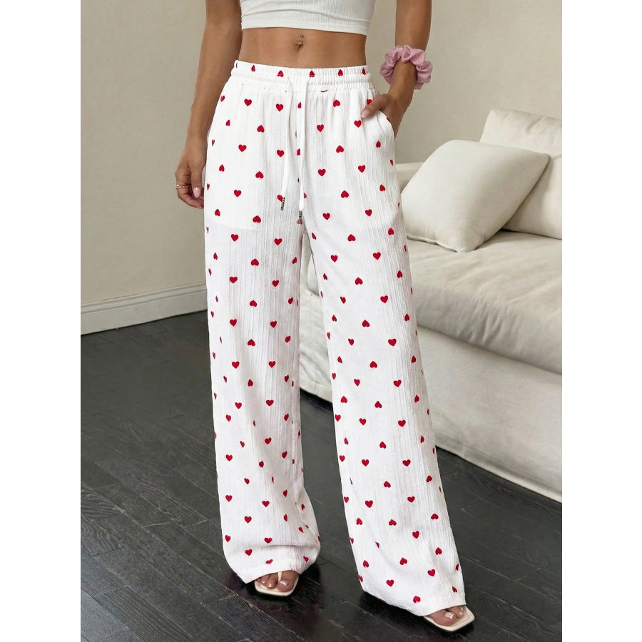 Heart Print Drawstring Waist Wide Leg Pants White / S Apparel and Accessories
