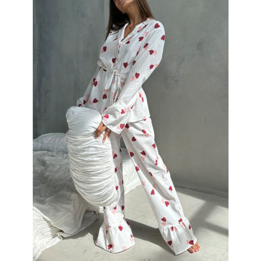 Heart Print Long Sleeve and Pants Lounge Set Apparel Accessories