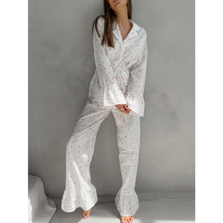 Heart Print Long Sleeve and Pants Lounge Set Apparel Accessories
