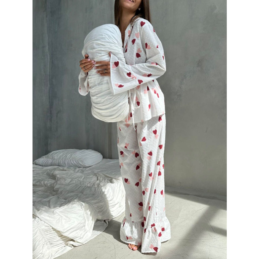 Heart Print Long Sleeve and Pants Lounge Set Apparel Accessories