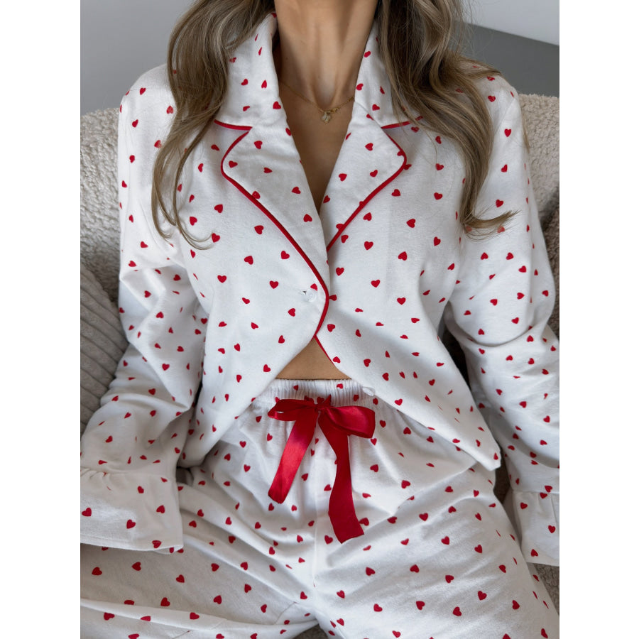 Heart Print Long Sleeve Top and Pants Lounge Set Apparel and Accessories