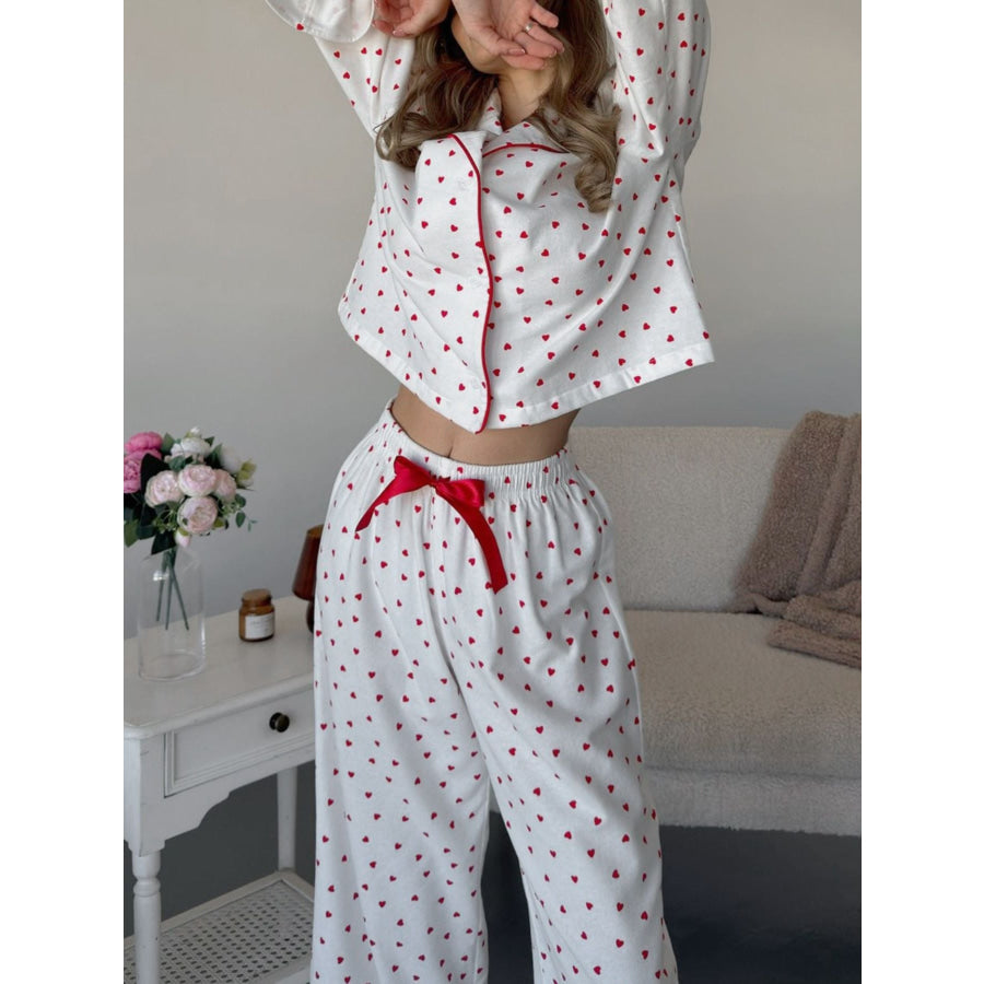 Heart Print Long Sleeve Top and Pants Lounge Set Apparel and Accessories