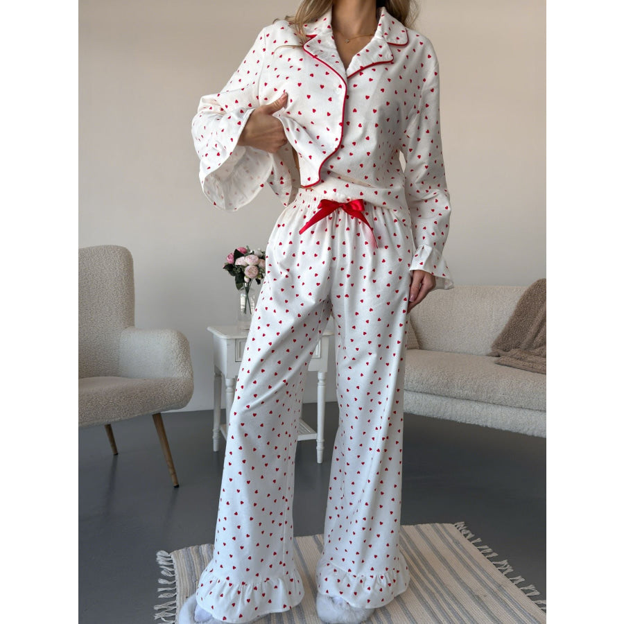 Heart Print Long Sleeve Top and Pants Lounge Set Apparel and Accessories
