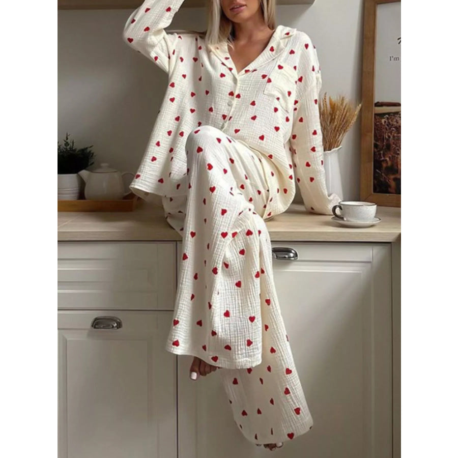 Heart Print Long Sleeve Top and Pants Lounge Set Apparel and Accessories