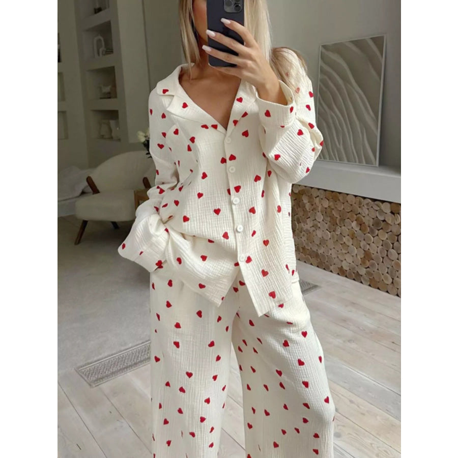 Heart Print Long Sleeve Top and Pants Lounge Set Apparel and Accessories