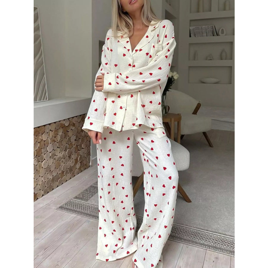 Heart Print Long Sleeve Top and Pants Lounge Set Apparel and Accessories