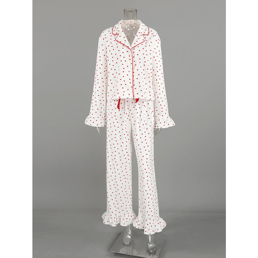 Heart Print Long Sleeve Top and Pants Lounge Set Apparel and Accessories