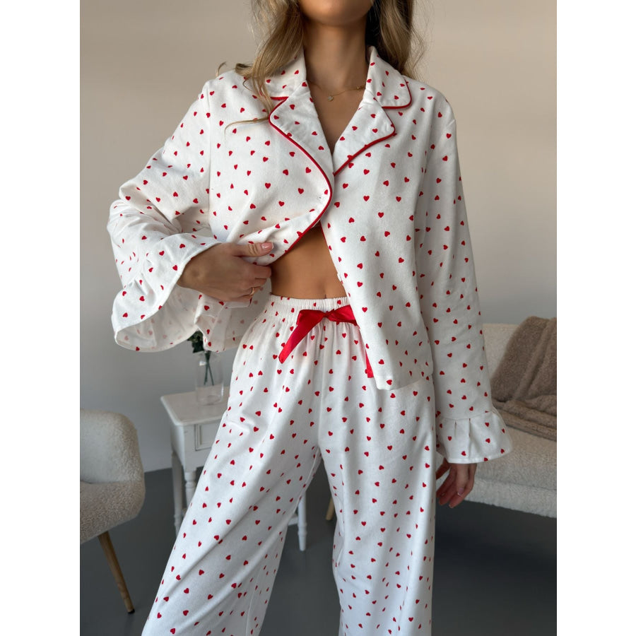 Heart Print Long Sleeve Top and Pants Lounge Set Apparel and Accessories