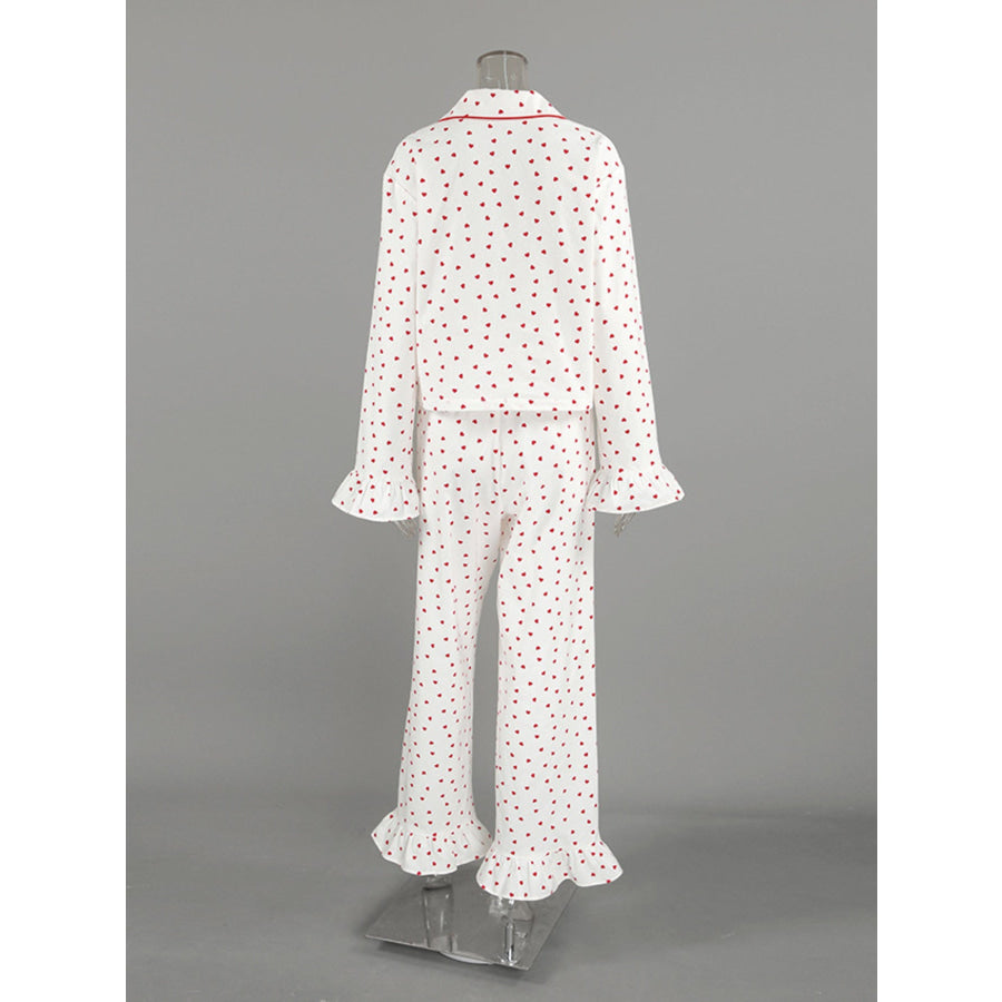 Heart Print Long Sleeve Top and Pants Lounge Set Apparel and Accessories