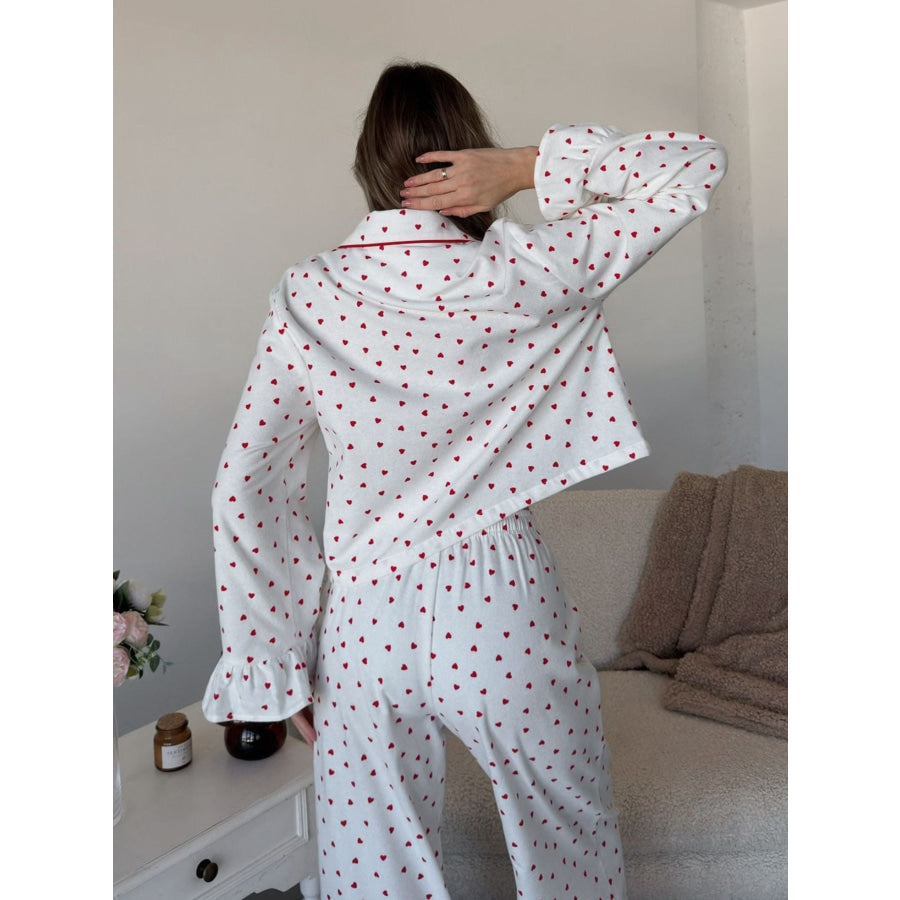 Heart Print Long Sleeve Top and Pants Lounge Set Apparel and Accessories