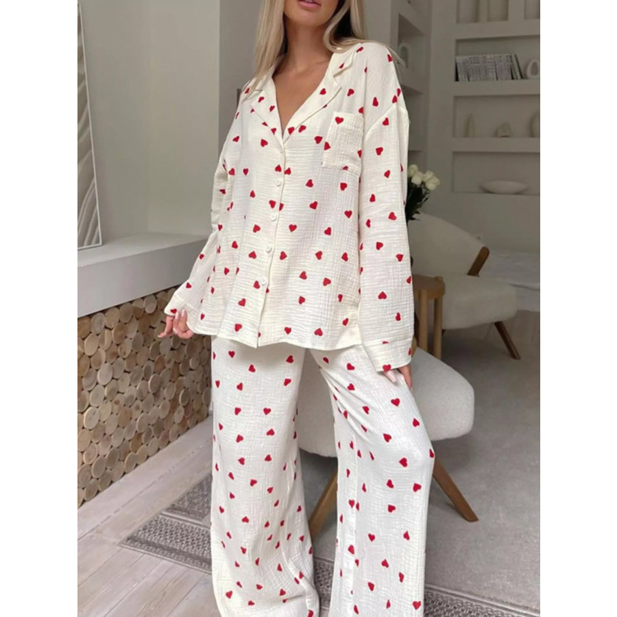 Heart Print Long Sleeve Top and Pants Lounge Set Apricot / S Apparel and Accessories