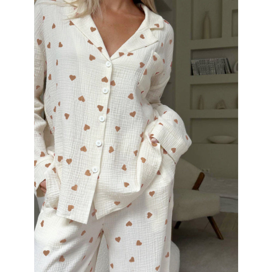 Heart Print Long Sleeve Top and Pants Lounge Set Khaki / S Apparel and Accessories