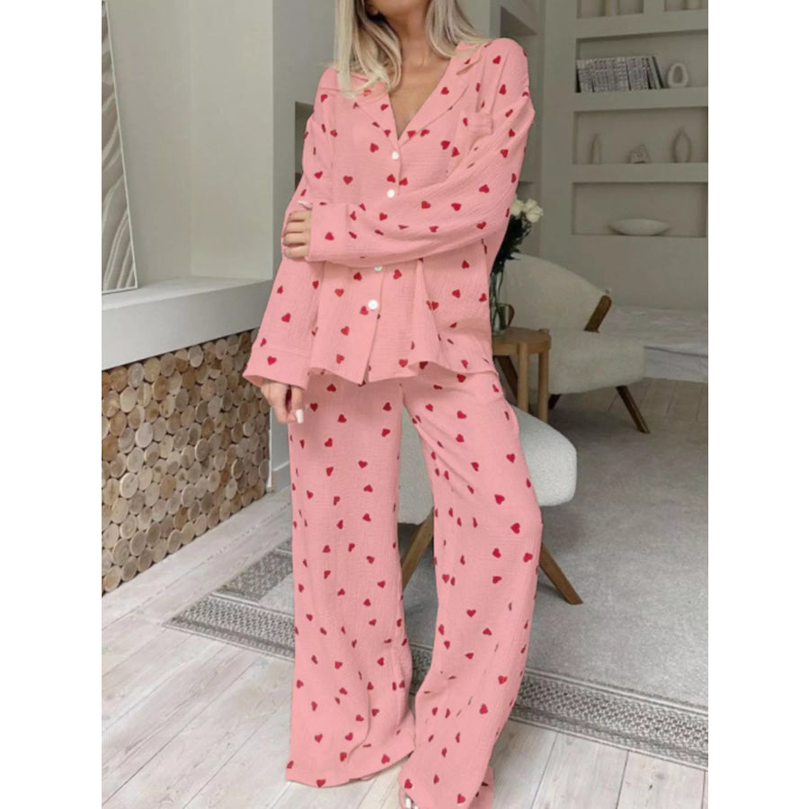 Heart Print Long Sleeve Top and Pants Lounge Set Pink / S Apparel and Accessories
