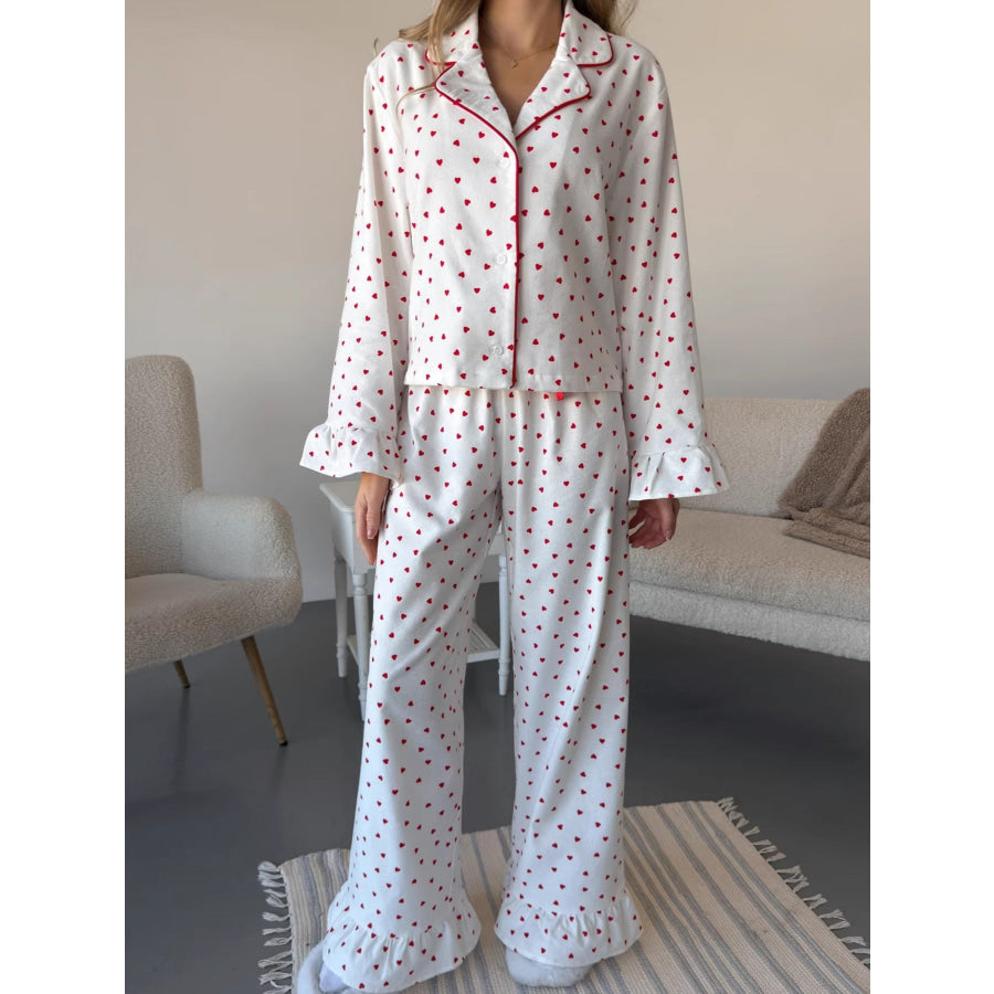 Heart Print Long Sleeve Top and Pants Lounge Set White / S Apparel and Accessories