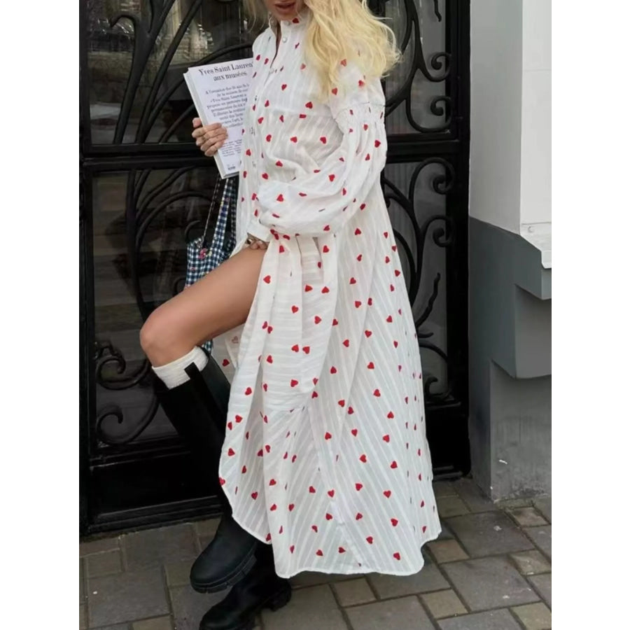 Heart Print Maxi Dress with Puff Sleeves White / S Apparel and Accessories
