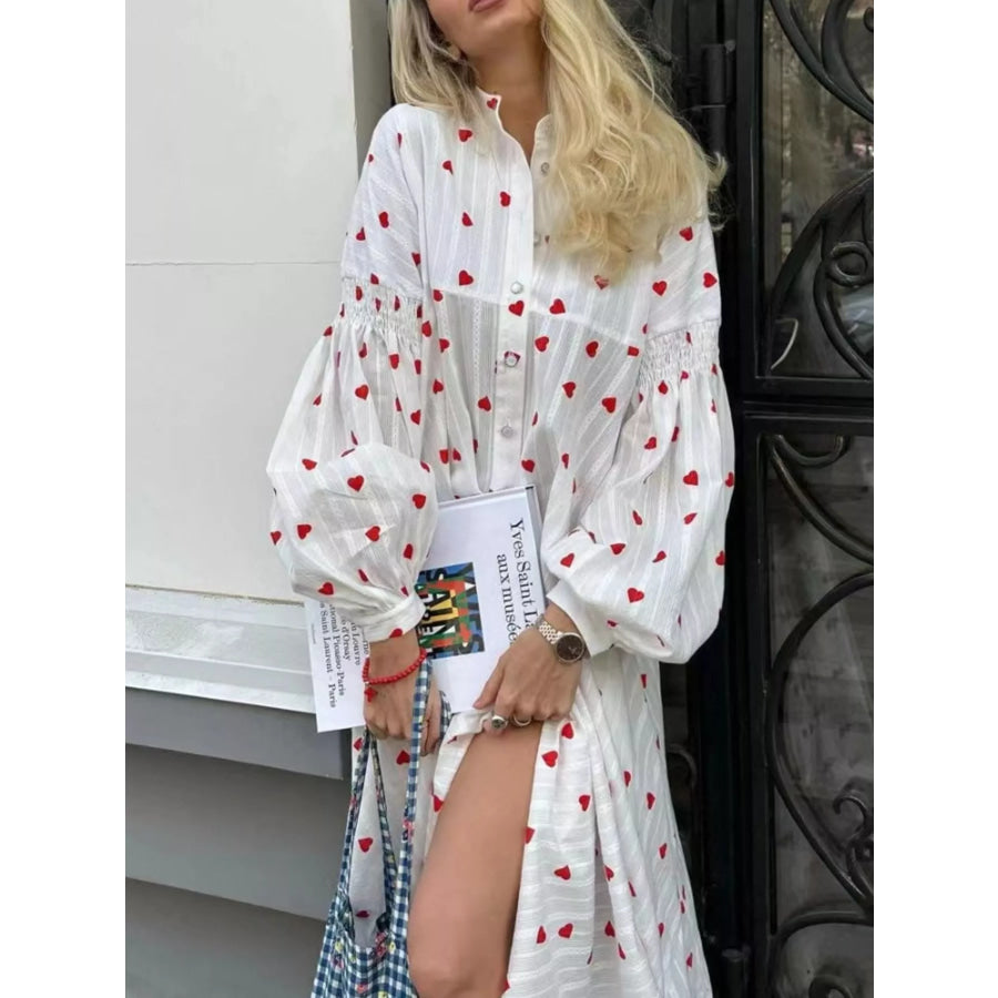 Heart Print Maxi Dress with Puff Sleeves White / S Apparel and Accessories