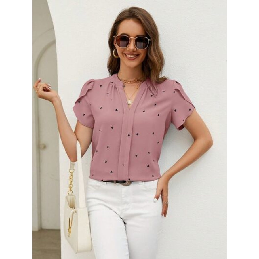 Heart Print Notched Petal Sleeve Blouse Apparel and Accessories