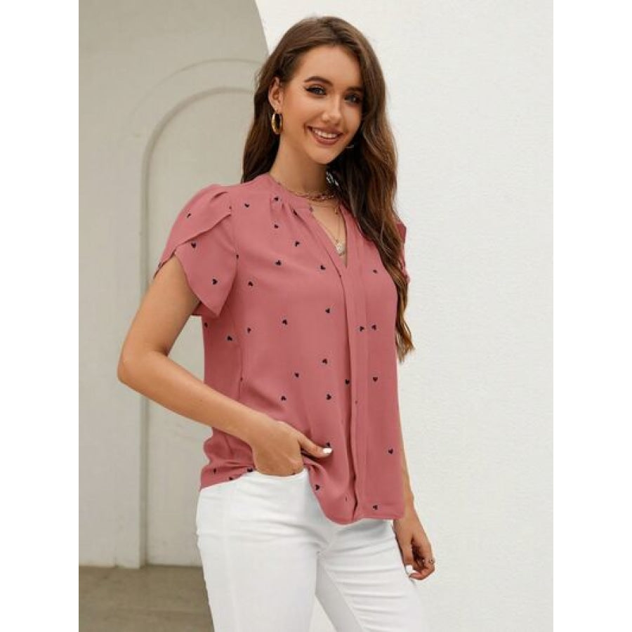 Heart Print Notched Petal Sleeve Blouse Apparel and Accessories