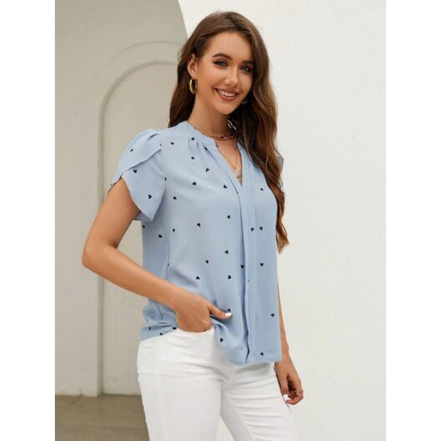 Heart Print Notched Petal Sleeve Blouse Apparel and Accessories