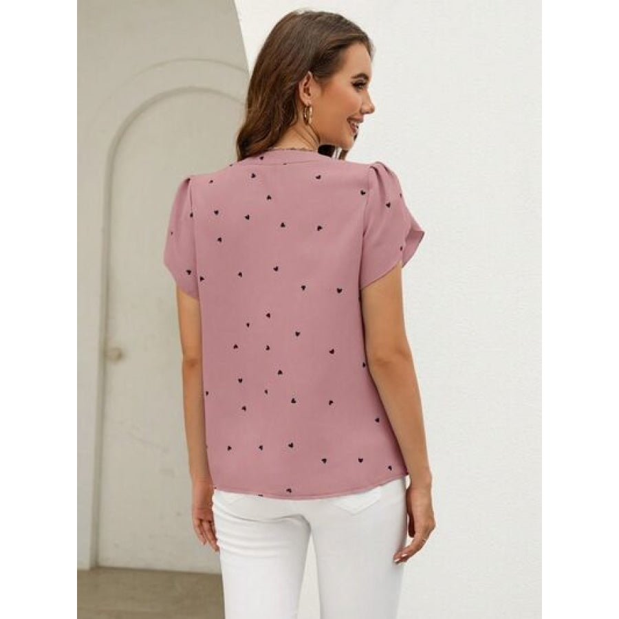 Heart Print Notched Petal Sleeve Blouse Apparel and Accessories