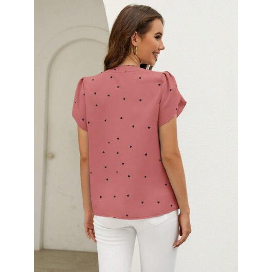 Heart Print Notched Petal Sleeve Blouse Apparel and Accessories