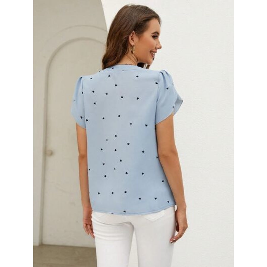 Heart Print Notched Petal Sleeve Blouse Apparel and Accessories