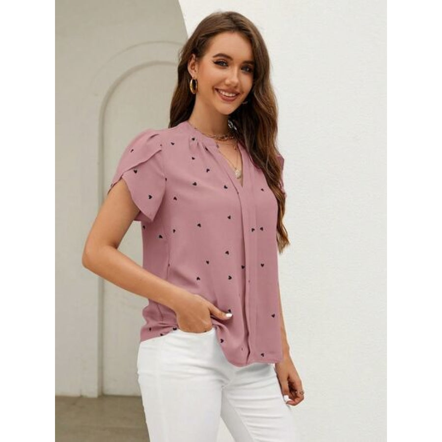 Heart Print Notched Petal Sleeve Blouse Apparel and Accessories