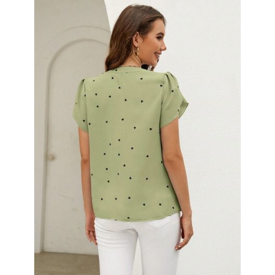 Heart Print Notched Petal Sleeve Blouse Apparel and Accessories