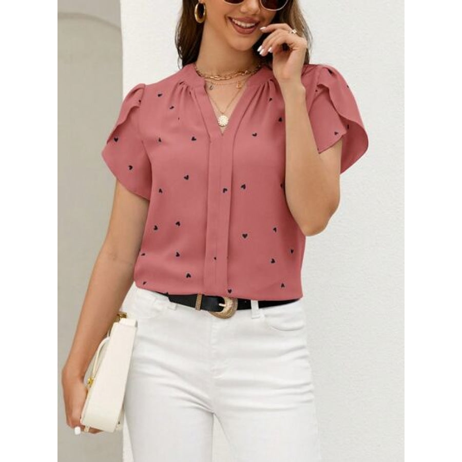 Heart Print Notched Petal Sleeve Blouse Apparel and Accessories