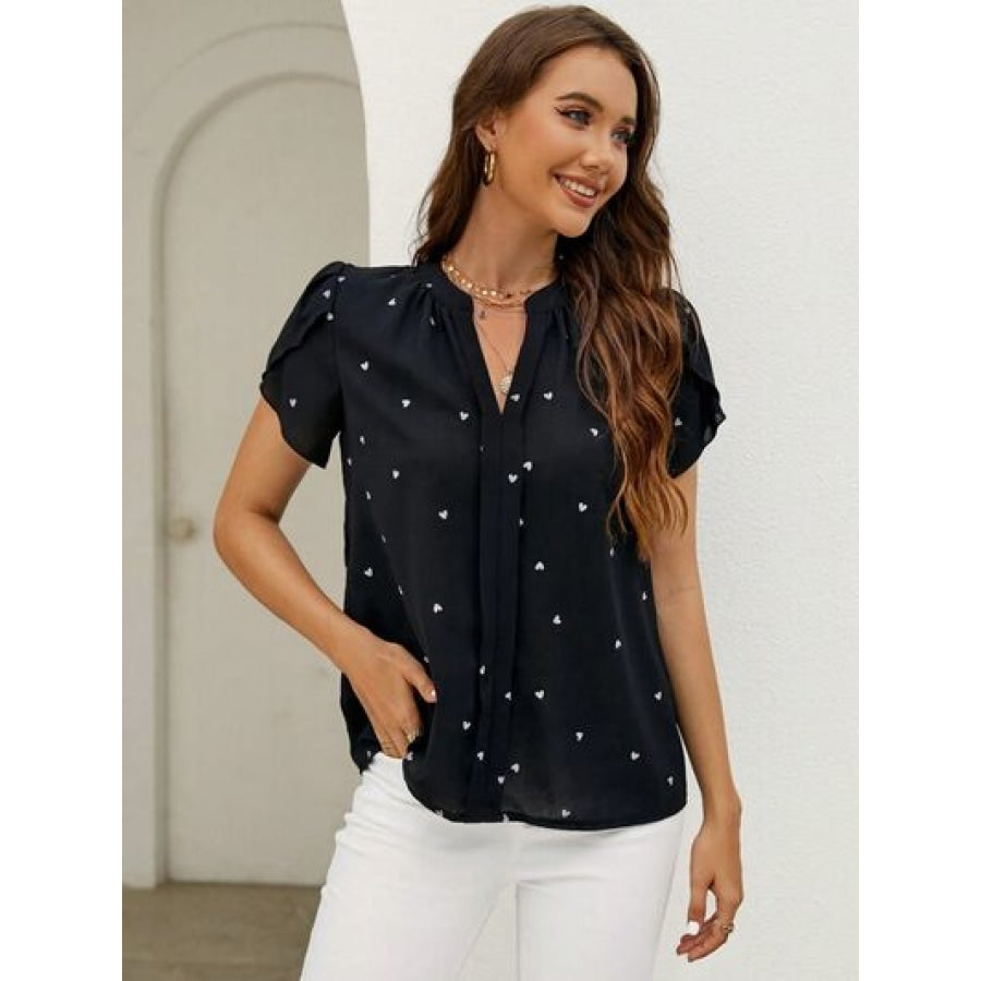 Heart Print Notched Petal Sleeve Blouse Black / S Apparel and Accessories