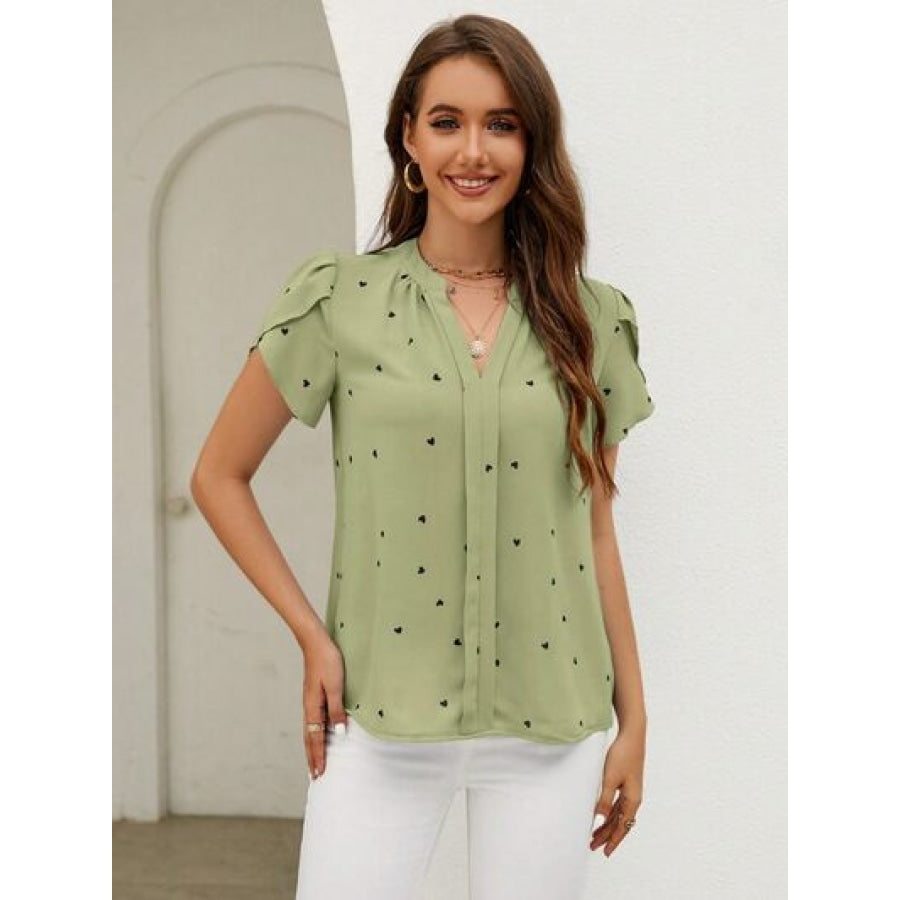 Heart Print Notched Petal Sleeve Blouse Matcha Green / S Apparel and Accessories