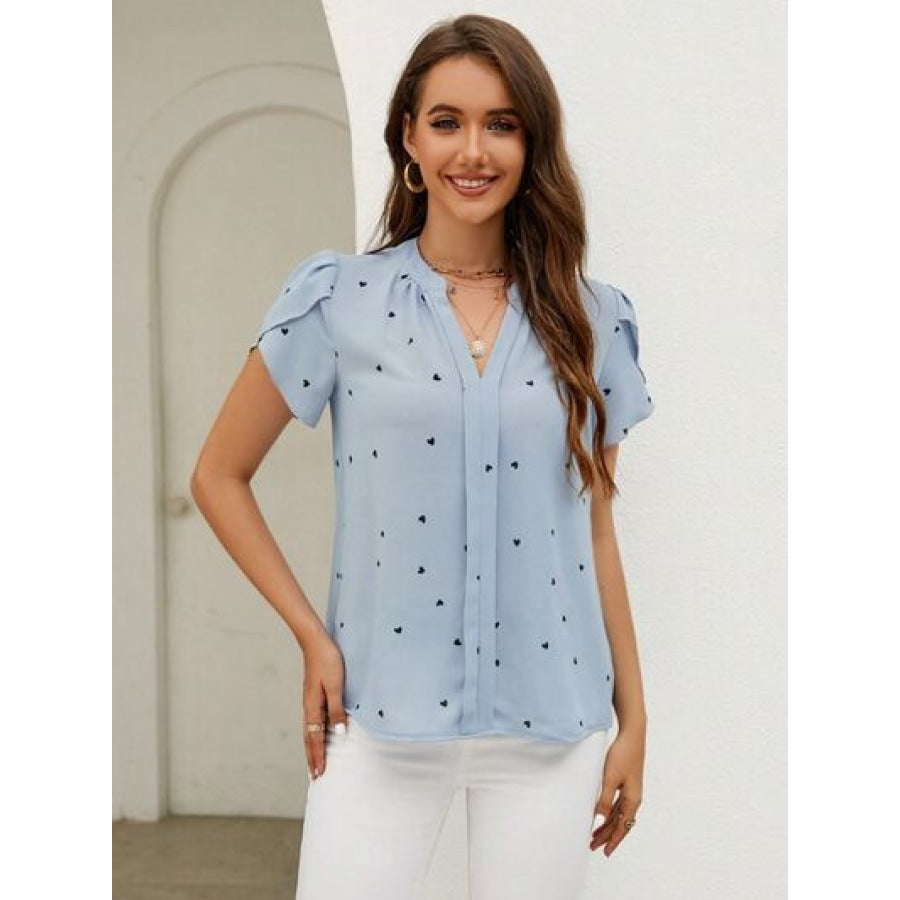 Heart Print Notched Petal Sleeve Blouse Misty Blue / S Apparel and Accessories