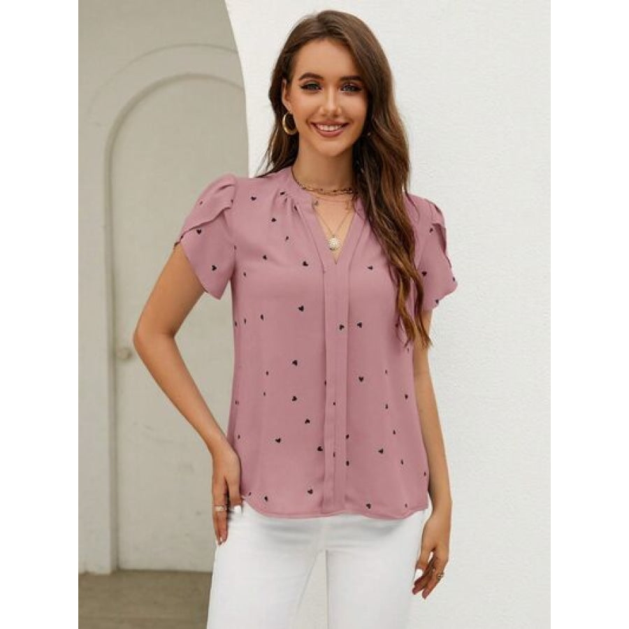 Heart Print Notched Petal Sleeve Blouse Moonlit Mauve / S Apparel and Accessories