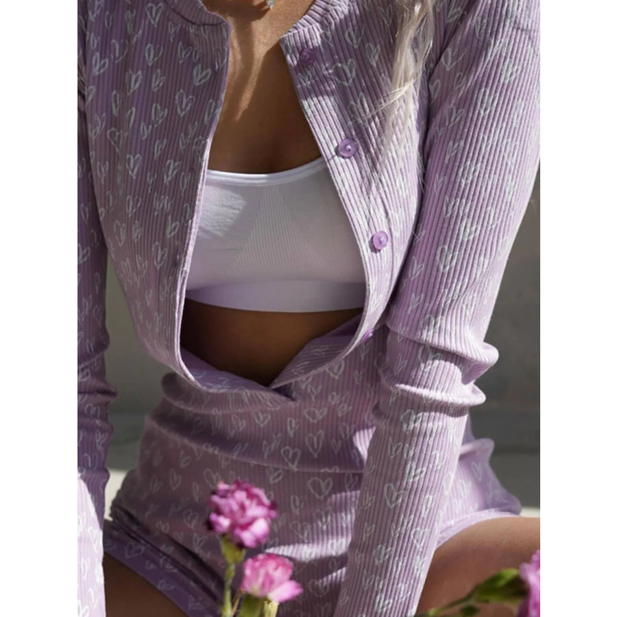 Heart Print Ribbed Knit Button-Up Romper Apparel and Accessories