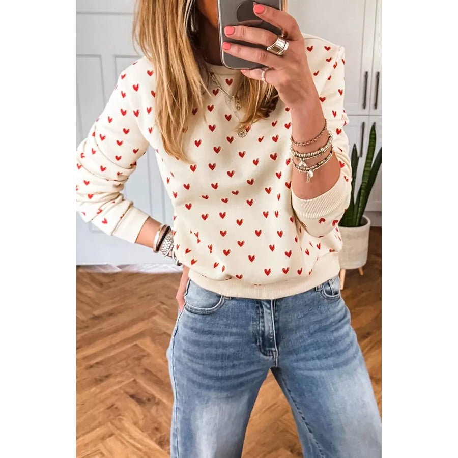 Heart Print Round Neck Long Sleeve Regular Fit Sweatshirt Cream / S Apparel and Accessories