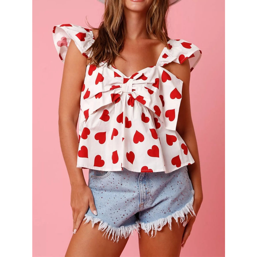 Heart Print Ruffle Trim Bow Tank Apparel and Accessories