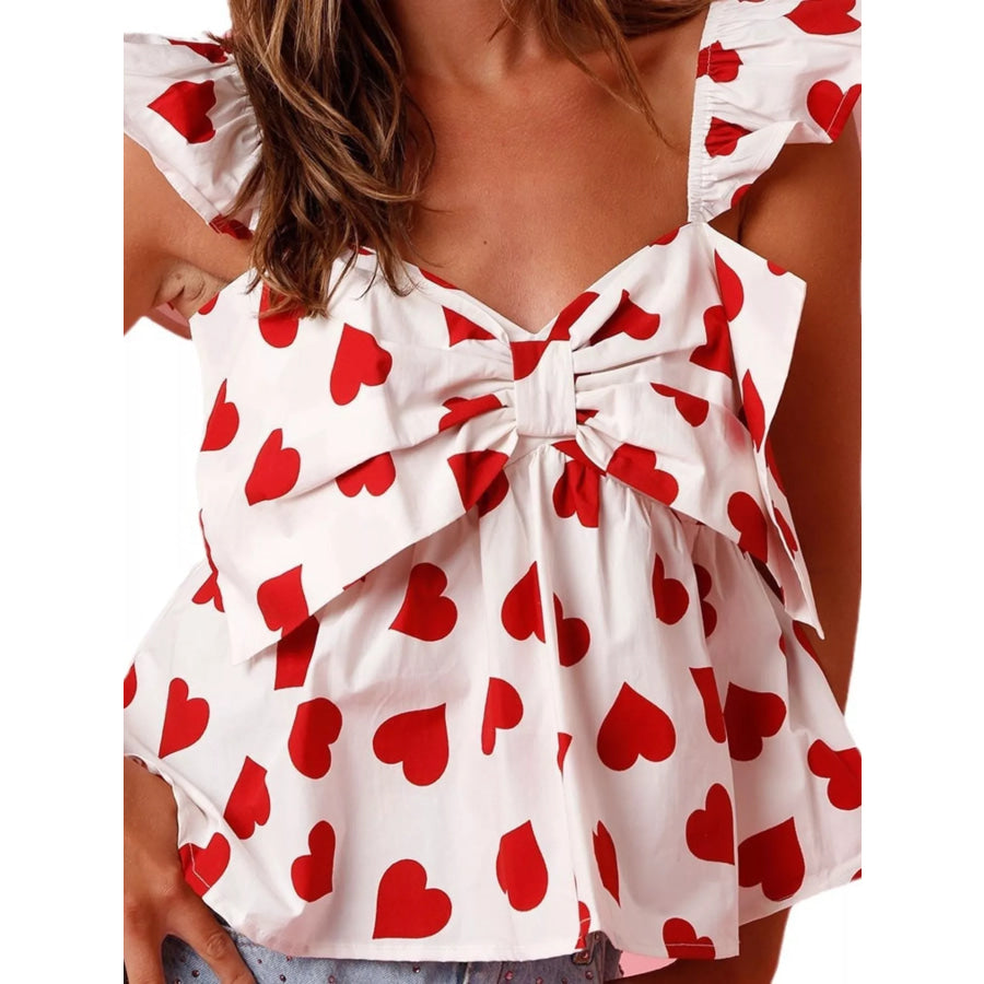 Heart Print Ruffle Trim Bow Tank Apparel and Accessories