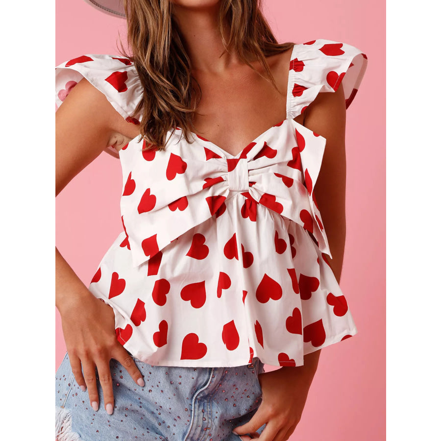 Heart Print Ruffle Trim Bow Tank Red / S Apparel and Accessories