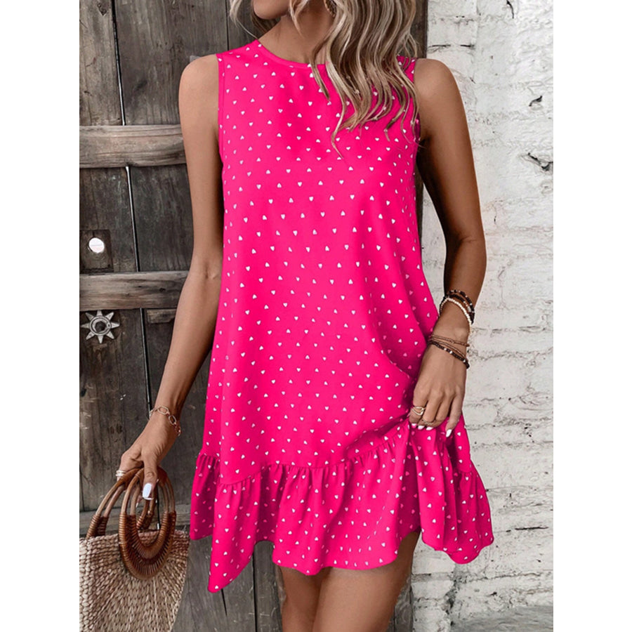 Heart Print Sleeveless Ruffle Hem Mini Dress Apparel and Accessories