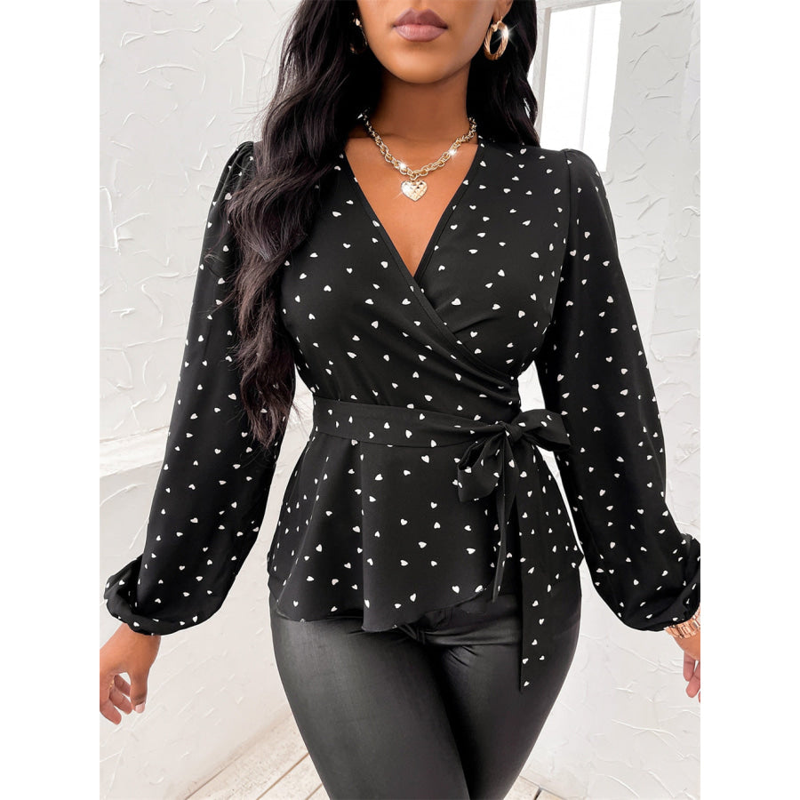 Heart Print Surplice Balloon Sleeve Blouse Apparel and Accessories