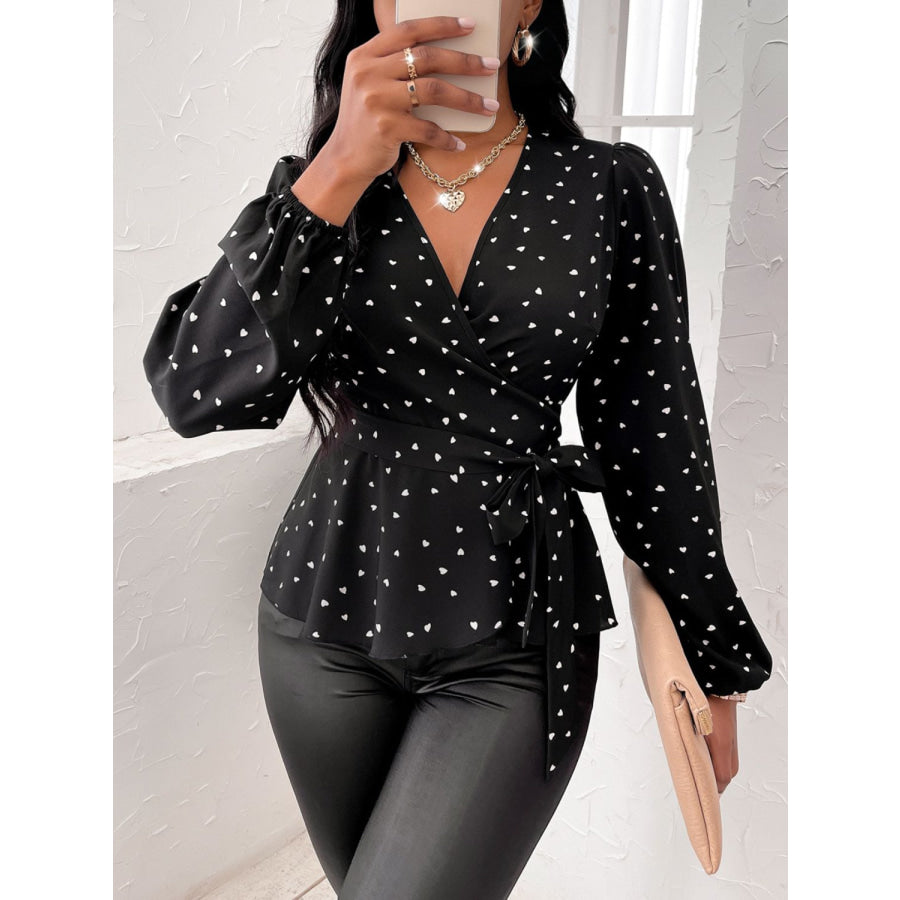 Heart Print Surplice Balloon Sleeve Blouse Apparel and Accessories